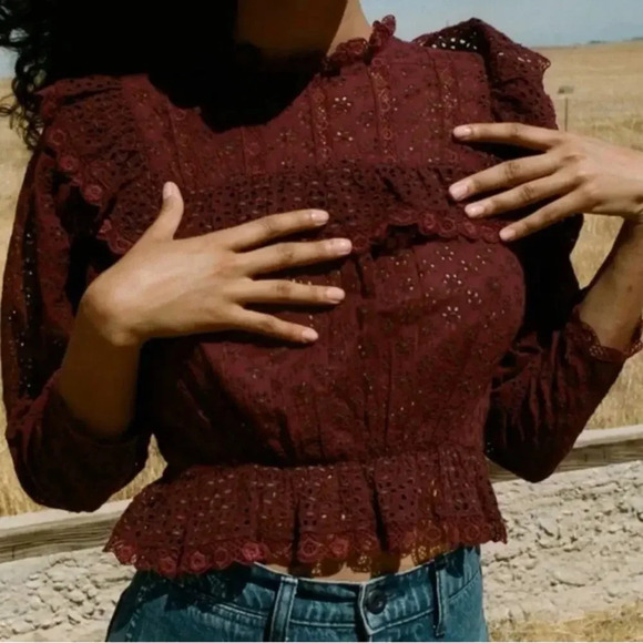 Doen Tops - Doen Floryn Lace Trimmed Ruffled Top Antique Walnut Size Medium